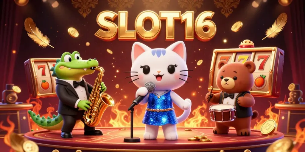 SLOT16 showcases a vibrant casino scene with a jazz-singer cat, crocodile, and bear against an immersive backdrop of game symbols.