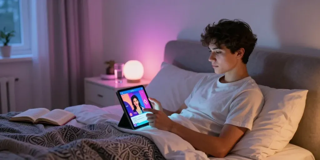 Engaging in ai sex chat on a tablet in a cozy bedroom setting