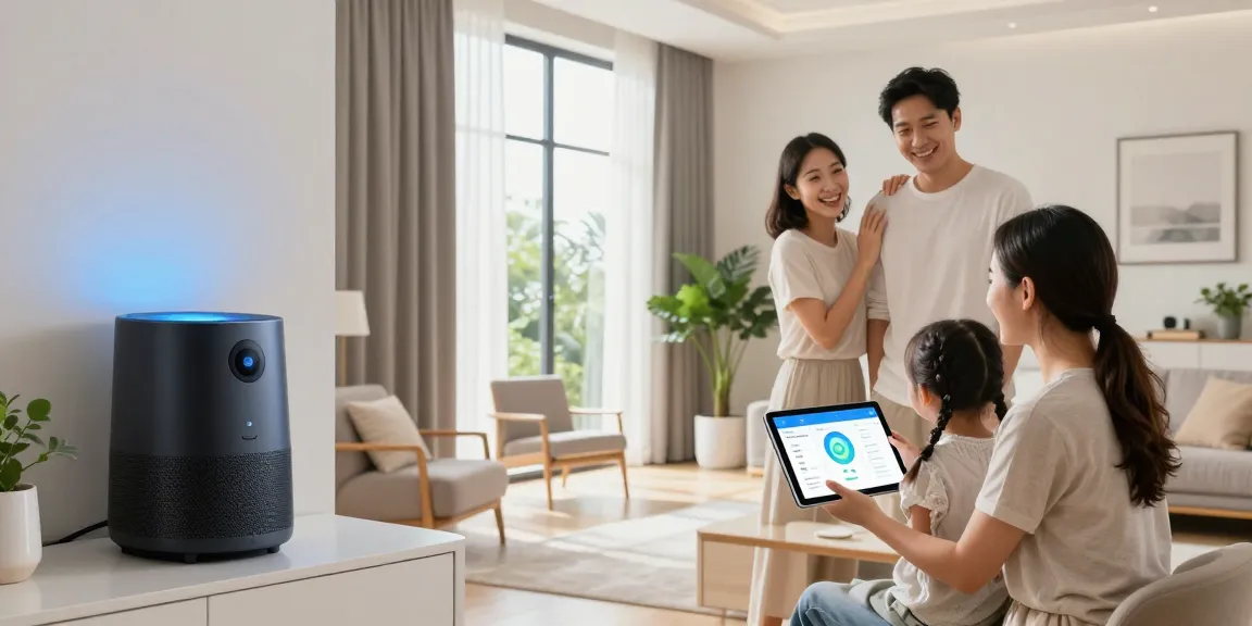 Smart home environment with family engaging with smart audio system, featuring advanced home automation devices.