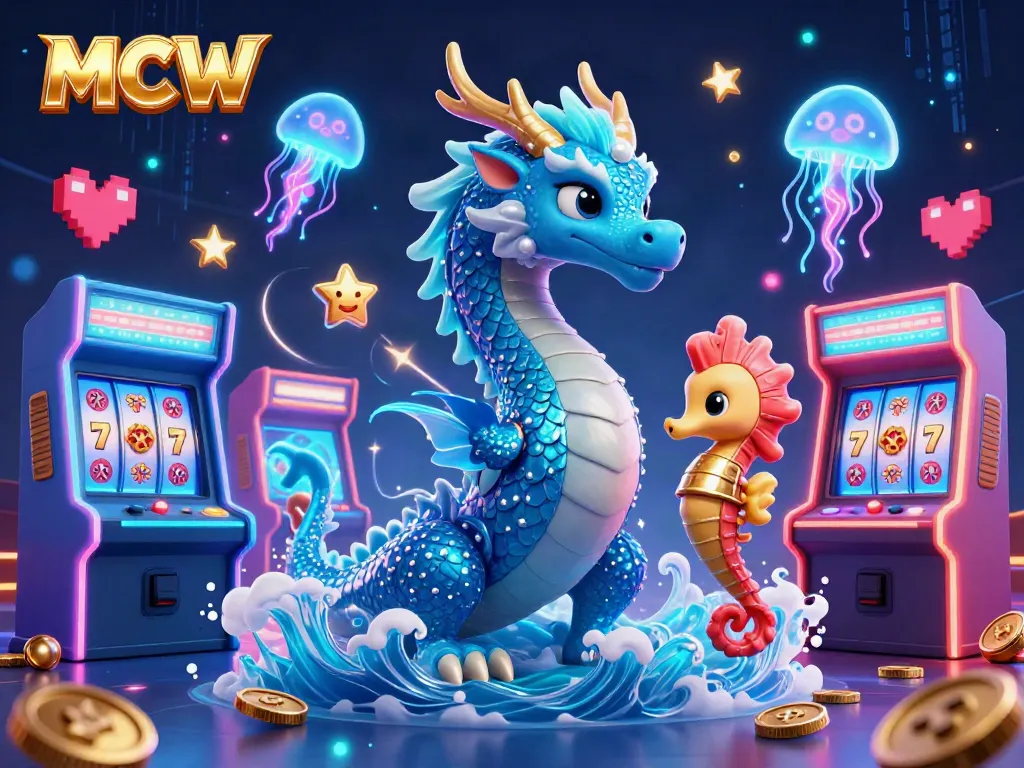 Engage with dynamic MCW cinematic gaming scene featuring a dragon, seahorse knight, and vibrant casino elements.