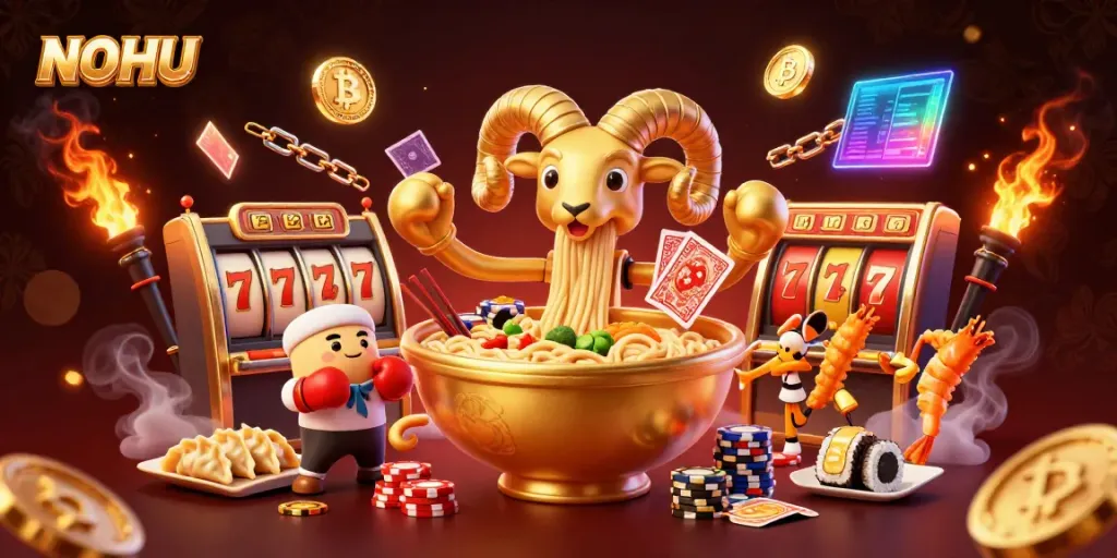 Experience thrilling gameplay with NOHU's vibrant and dynamic casino scene featuring a golden ramen bowl and crypto elements.