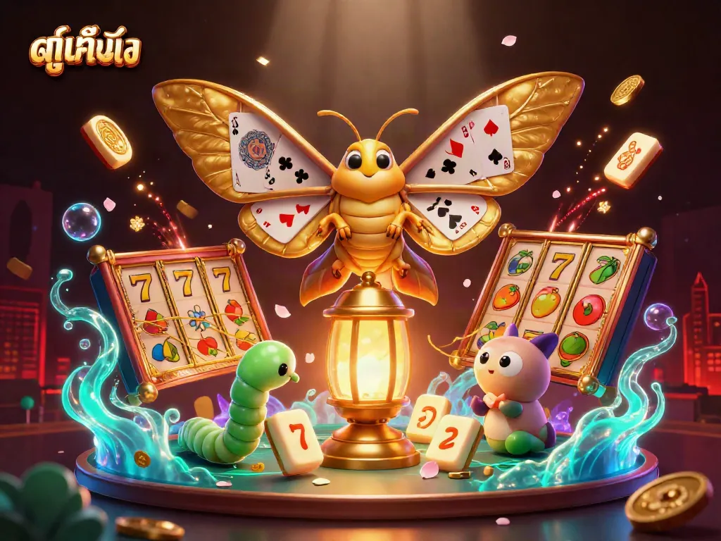 Experience ดูหนังออนไลน์ with vibrant casino scenes featuring golden moths, slot reels, and festive elements.