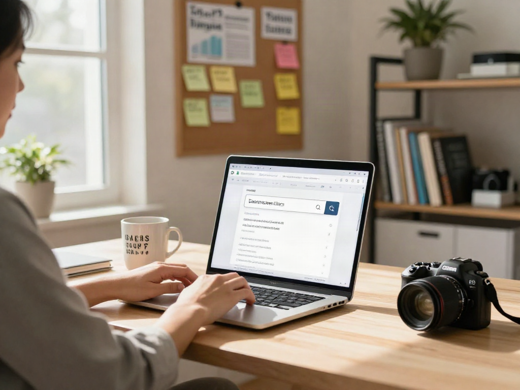 Person using 주소모음 in a modern home office, focused on finding updated links.