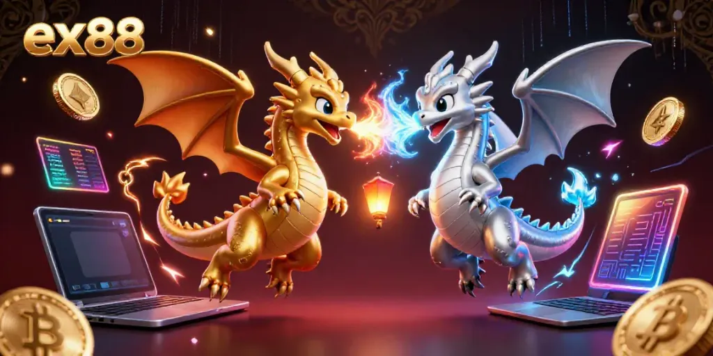 Experience ex88's thrilling casino atmosphere with dragons, crypto coins, and dynamic action.