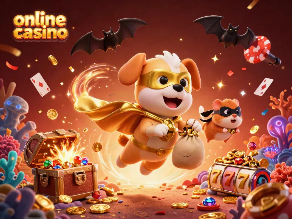Experience the excitement of an online casino with a superhero theme featuring a dog and hamster.
