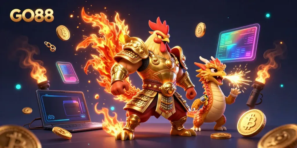Experience the excitement of GO88 in this vibrant 3D digital illustration featuring dynamic gambling elements.