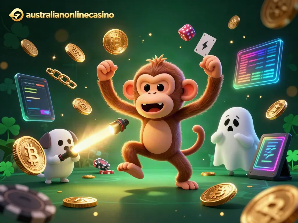 Experience the vibrant action of the australianonlinecasino with a playful poltergeist monkey juggling golden coins and a curious puppy detective.