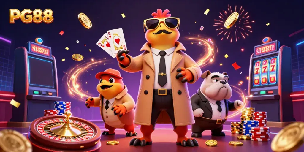 Witness PG88's playful raptors in a trench coat entering a VIP casino with lavish casino elements and golden decorations.