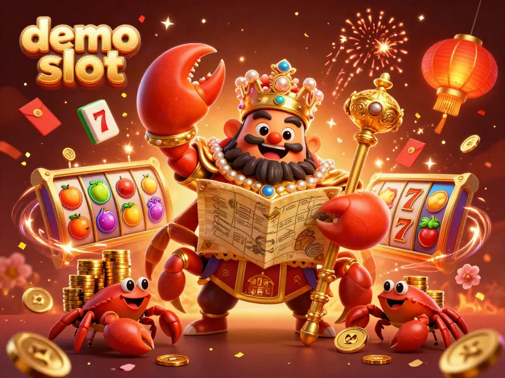 Experience the excitement of demo slots with a vibrant golden crab emperor and dynamic casino elements.