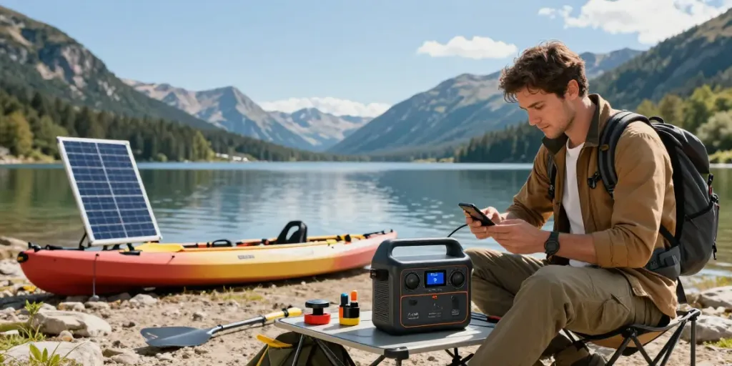 Explorer using a 12v lithium battery to charge devices at a lakeside campsite