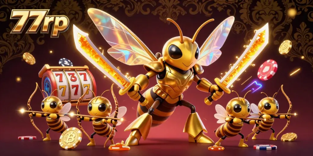 Experience thrilling gaming adventures with 77rp featuring a golden hornet and vibrant casino elements.