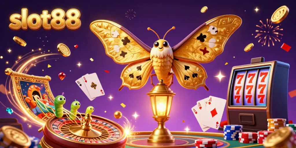 Experience the thrill of slot88 with golden coins, vibrant slots, and captivating casino elements.