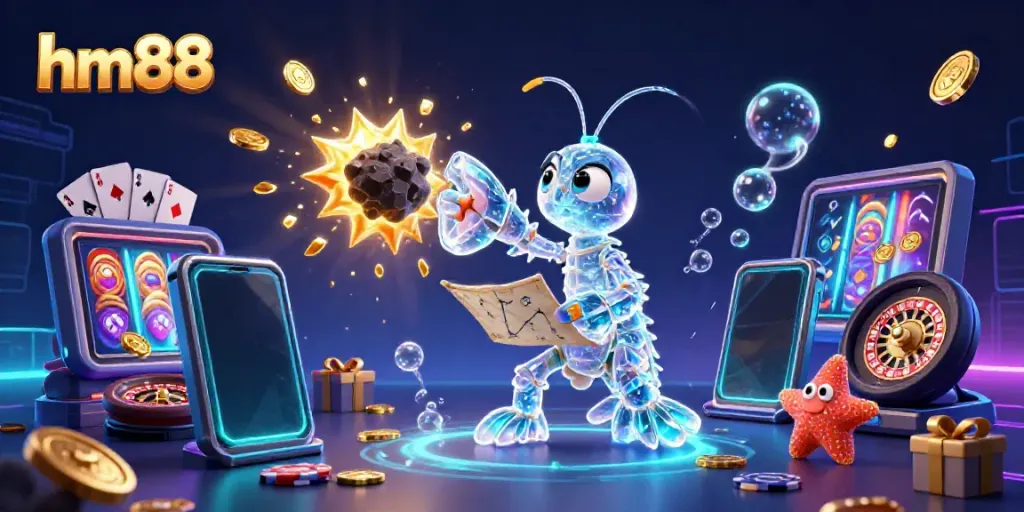 Experience thrilling wins with hm88 in a vibrant casino scene featuring a galactic samurai shrimp and interactive games.