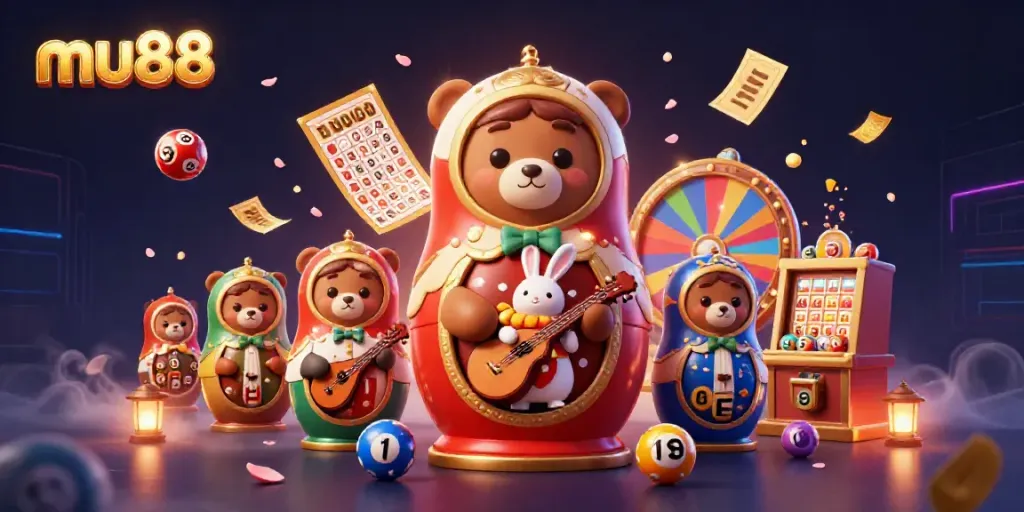 Experience the thrilling atmosphere of mu88 with animated casino elements and vibrant characters in a lively setting.