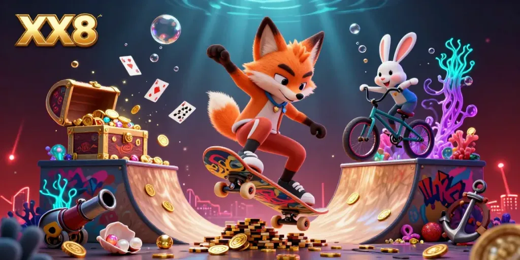 Experience exciting gaming at XX8 with a skateboarder fox and BMX rabbit in a vibrant casino scene.