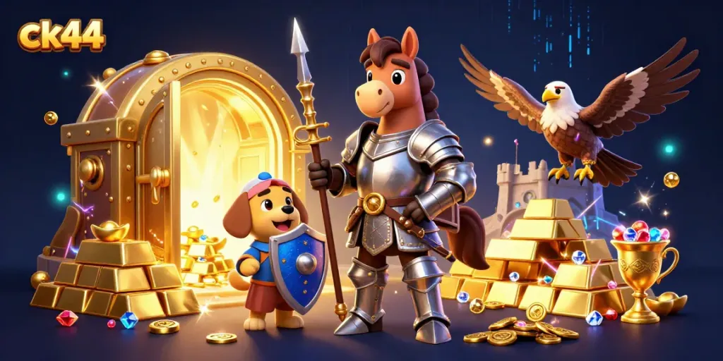 Engage with the thrilling ck44 gaming experience featuring a medieval knight, puppy squire, and falcon amidst treasures.