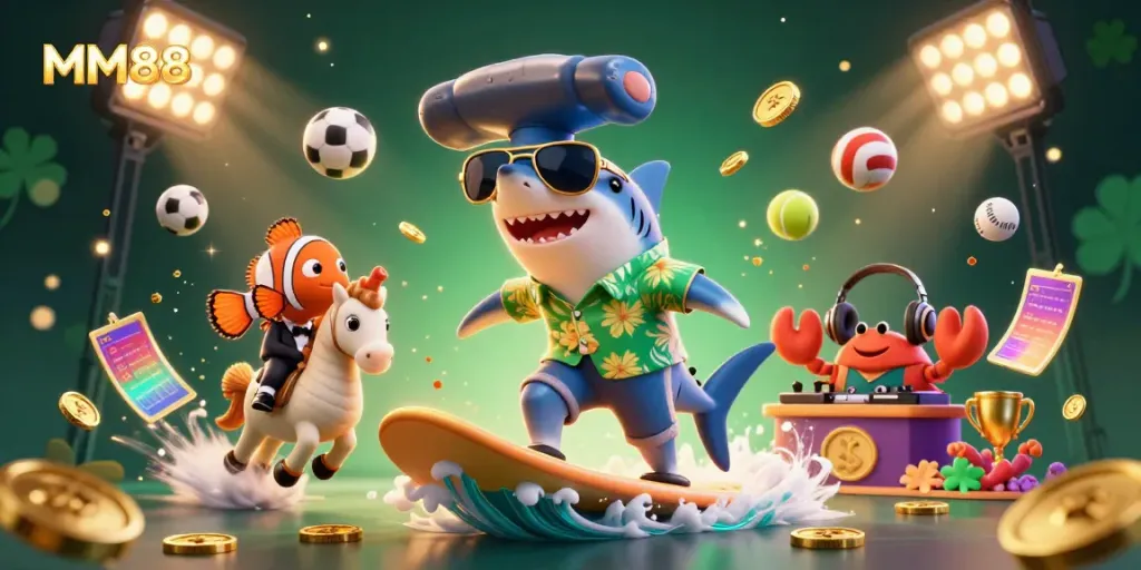 Experience the excitement of MM88 with a vibrant 3D illustration showcasing dynamic characters and casino elements.