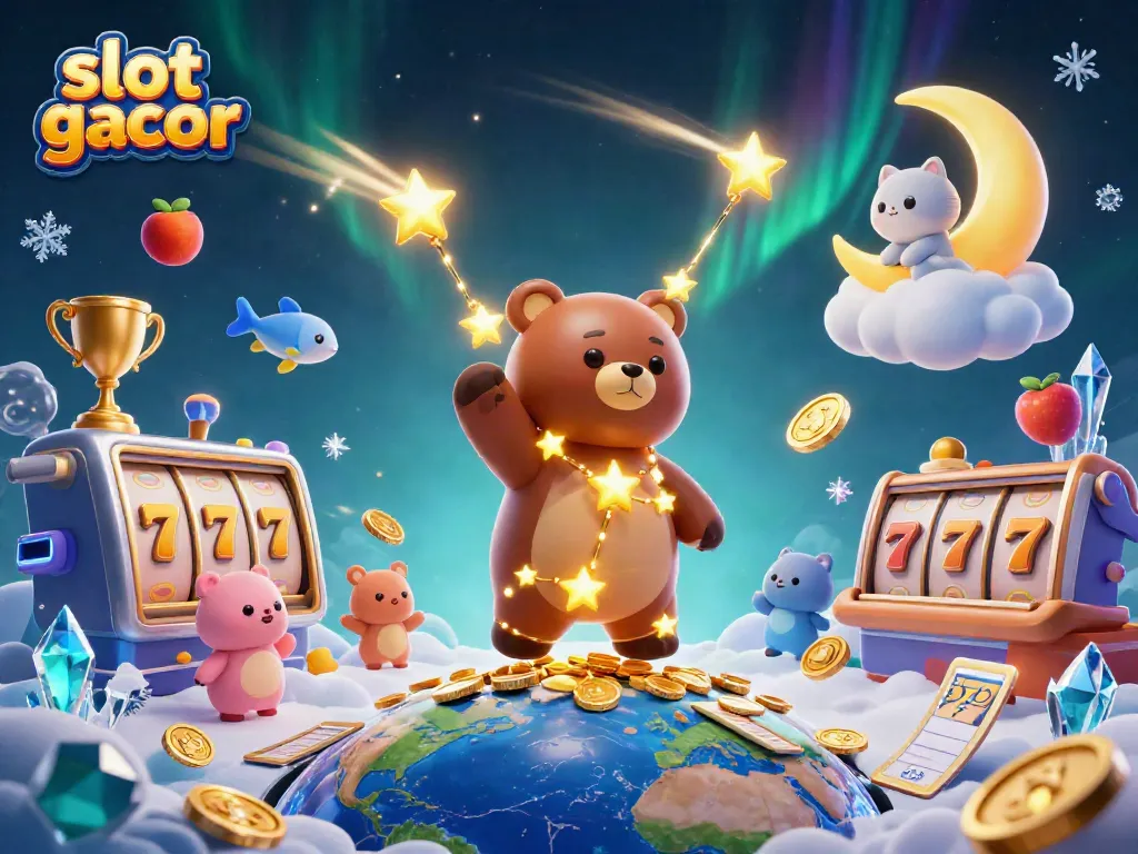 Experience vibrant slot gacor adventures with golden star characters collecting coins in a dynamic casino scene.