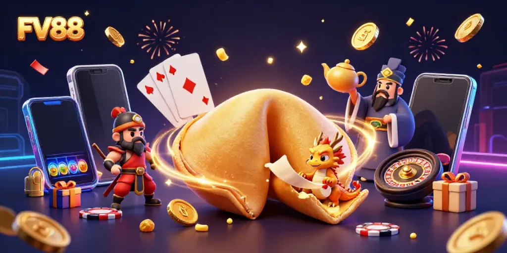 Place your bets with FV88 in this vibrant casino illustration showcasing fortune cookies and slot games.
