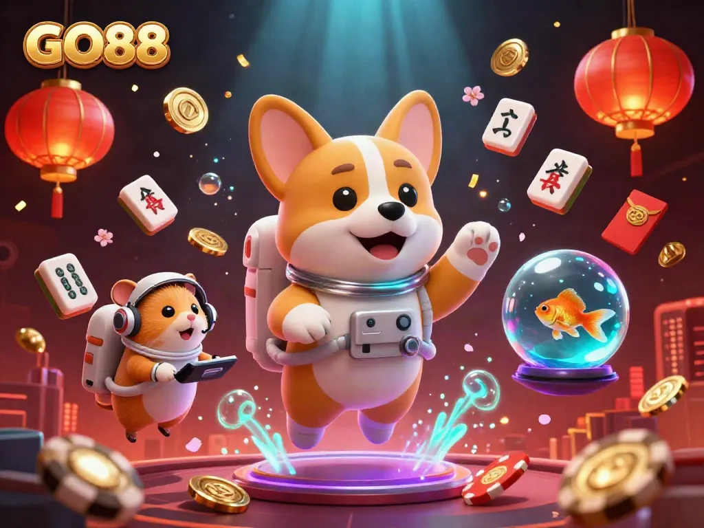 Experience the thrill of gaming with GO88's vibrant 3D casino scene showcasing playful characters.