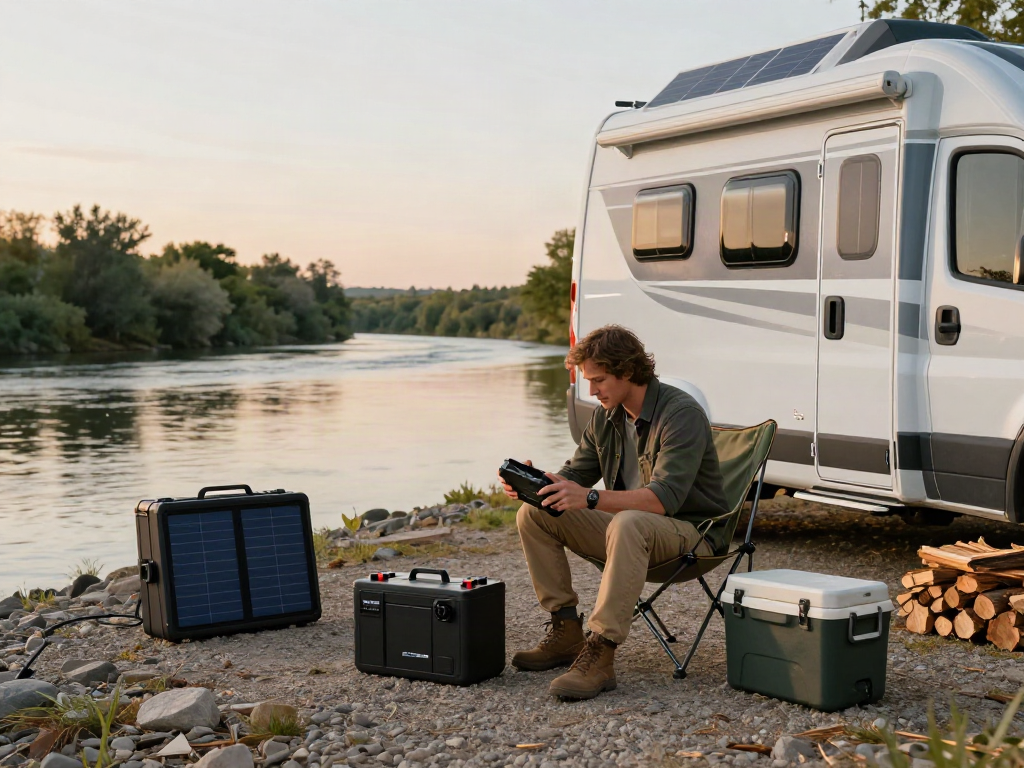 Traveler checking a lithium battery for RV setup at a scenic campsite.