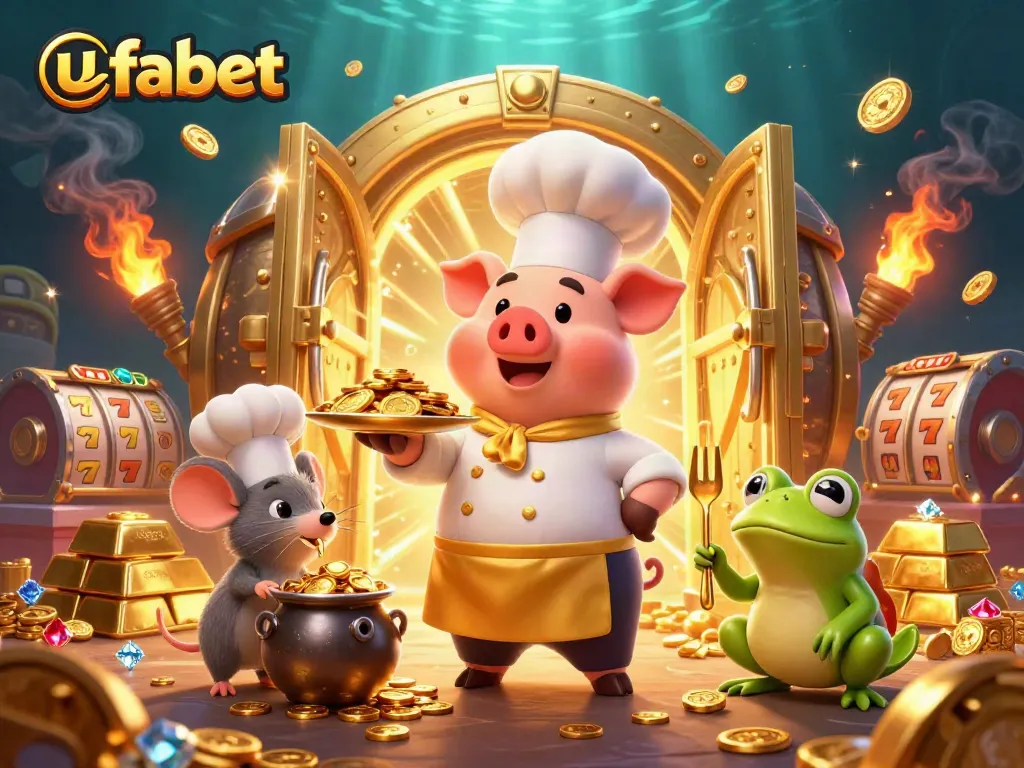 ufabet ชีวิตคาสิโนในภาพ 3D แสดงให้เห็นเชฟหมูในชุดครัวทองคำพร้อมกับชอล์คและเงิน